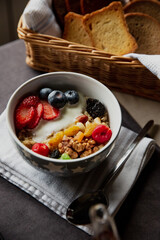 Breakfast oatmeal and bread