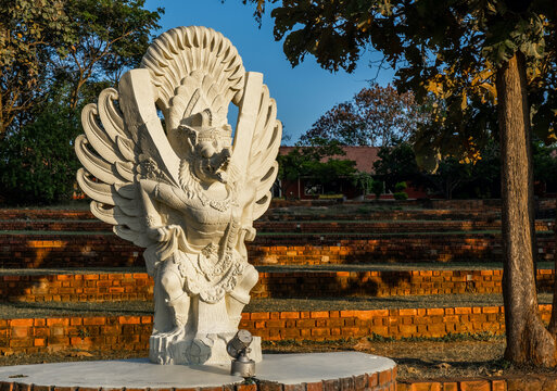 Bangalore, India - 10.01.2023: Close up Garuda Statue. Indian traditional symbol of hindu religion. High quality photo
