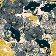 Abstract flower line seamless pattern. Delicate floral vintage outline endless background. Retro style.