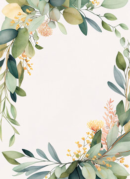 Floristic template invitation. Empty, blank space for description, tilte. Watercolor blooming frame with flowers and leaves. Floral background illustration. Wreath. Graphic design. Generative AI.