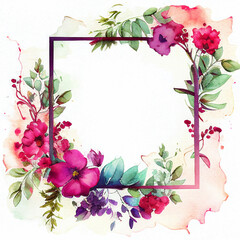 Floral frame illustration. Flower square. Watercolor background with flowers, leaves, twigs. Graphic design for wedding, invitation card. Blooming template. Magenta colors. Generative AI.