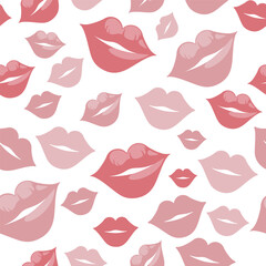 Vector seamless pattern with many kissing icons. Brightly colored lips. Creative romantic concept. Lipstick mark. Decorative art element for St. Valentine's Day. Trendy print design. Festive swatch.