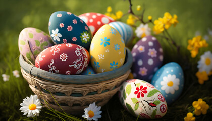 Colorful and beautiful easter eggs in a basket