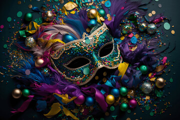 Carnival mask on a purple background, Mardi Grass, confettis, colorful, Generative AI