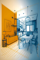 Sketch and Blueprint, bright interior of a new apartment, hand drawn illustration Generative AI