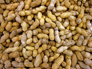 Closeup of a large quantity of peanuts in the shell.