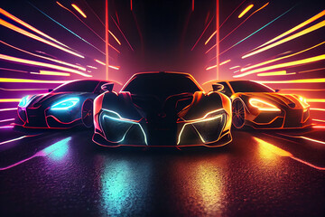 Three supercars racing in neon light tunnel. Generative AI.