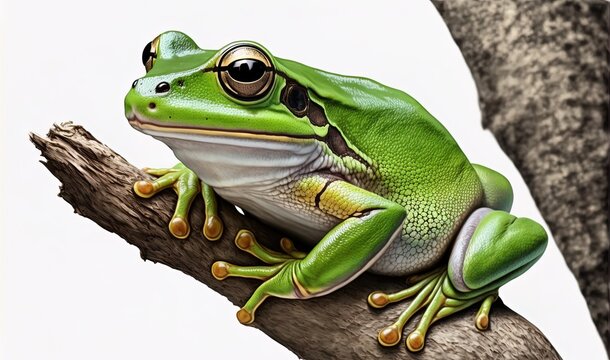 Green tree frogs of Australia. White's tree frog, often known as the dumpy tree frog, litoria caerulea, is a purely green species native to Australia. Generative AI