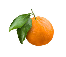 Orange fruit with leaves on transparent background, PNG image.