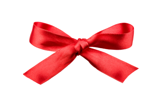 Red ribbon with bow on transparent background, PNG image.