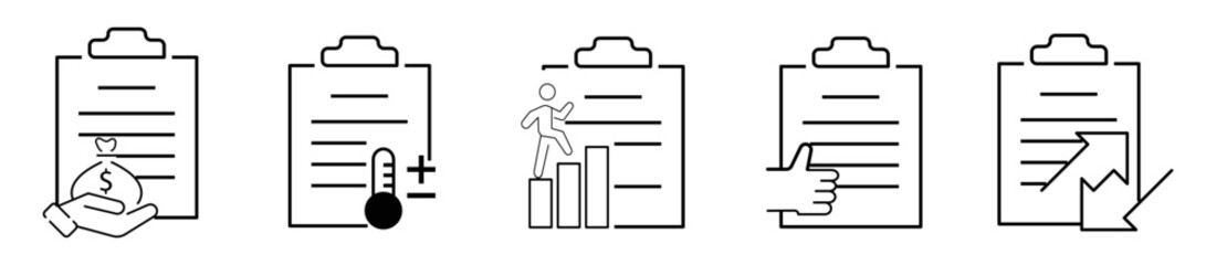 Clipboard, checklist, report, survey or agreement، outline icons set isolated، vector illustration.