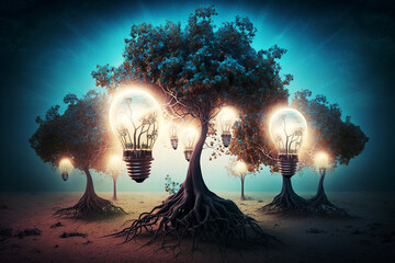Conceptual art of lightbulb trees created with Generative AI technology.