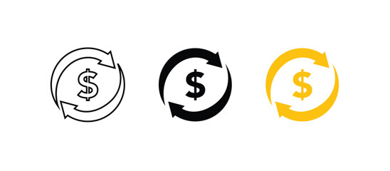 Cashback icon or logo on background. Money, dollar with circle arrows. Vector illustration