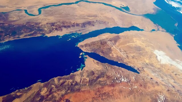 Satellite view of Nile River Delta, Red Sea and The Mediterranean Sea. Nubian Desert, Western Desert of Egypt and Libya, Aswan Dam as seen from space. Elements of this video furnished by NASA.