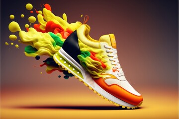 Running shoes with colorful splashes on gradient background