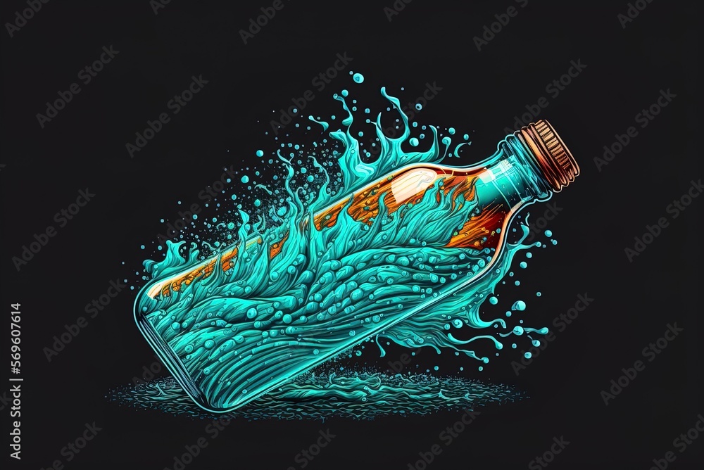 Poster lonely bottle of water with splashing effect generative ai