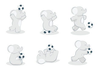 Set of six pictures. A cute and cheerful elephant goes in for sports, football. A cute and joyful sportsman is playing with a ball.