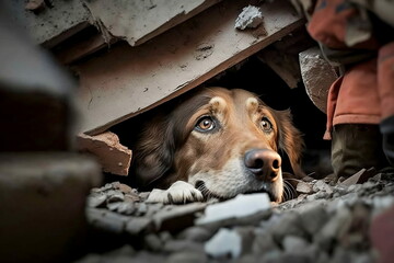Dog under rubble after an earthquake. Generative AI