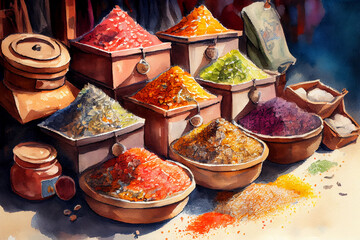 Fototapeta premium Spices on Eastern street market, generative ai