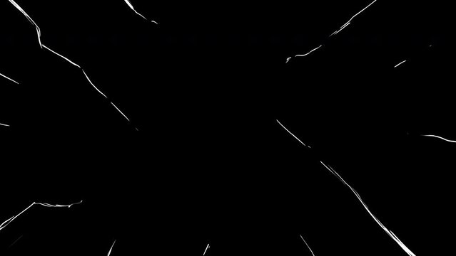 Animation of white cracks on a black screen. The concept of a broken surface for overlay on top. Destruction of the object in retro style. Stock 4k video with alpha channel.