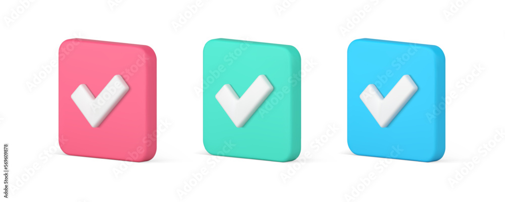 Poster done positive accept check mark correct questionnaire checkbox confirmation 3d icon set vector