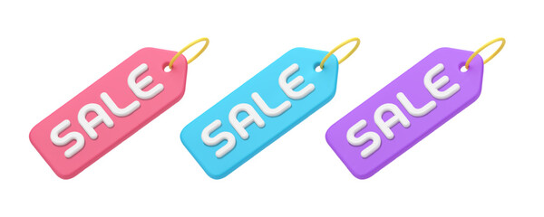 Shopping sale discount price off tag commercial message financial offer 3d icon set realistic vector