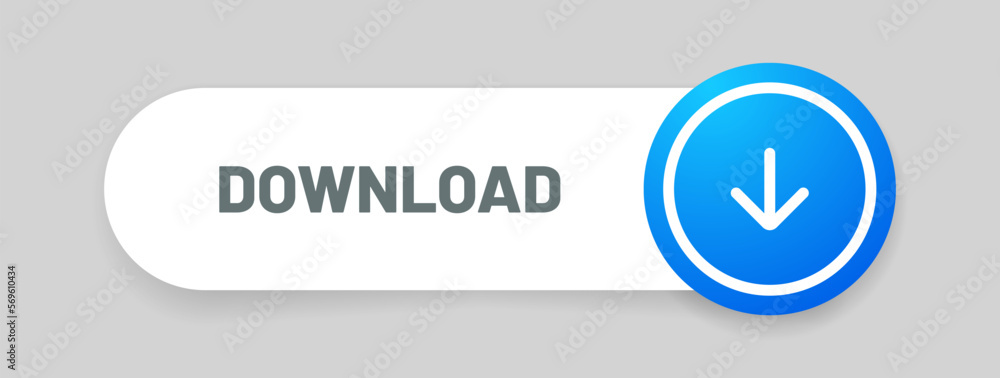 Poster 3D blue download button icon. Upload icon. Down arrow bottom side symbol. Click here button. Save cloud icon push button for UI UX, website, mobile application.