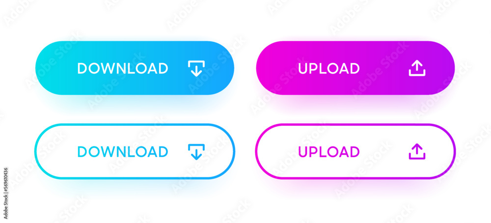 Aufkleber 3D blue purple download upload button icon. Upload icon. Down arrow bottom side symbol. Click here button. Save cloud icon push button for UI UX, website, mobile application.