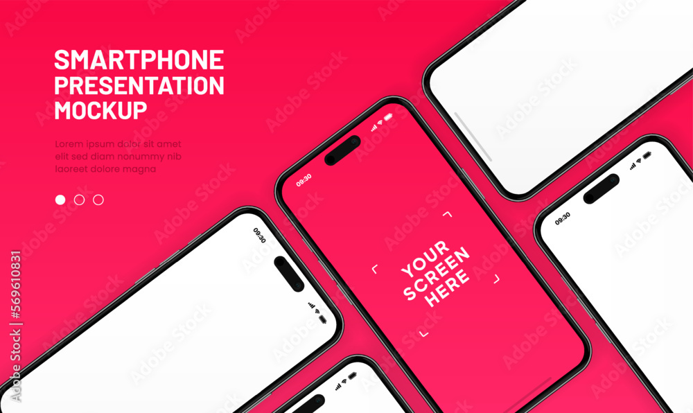 Poster 3D realistic high quality smartphone mockup with isolated background. Smart phone mockup collection. Device front view. 3D mobile phone with shadow on white background.