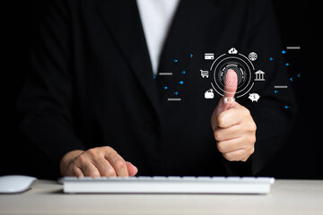 futuristic digital processing of biometric identification fingerprint scanner for access personal financial data. surveillance and security scanning of digital programs cyber futuristic applications