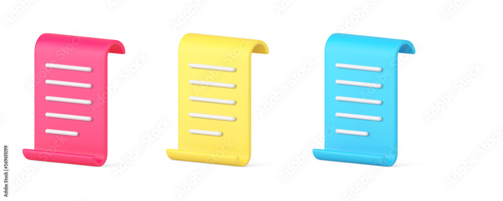 Poster paper sheet curved document with text agreement contract list reminder 3d icon set realistic vector