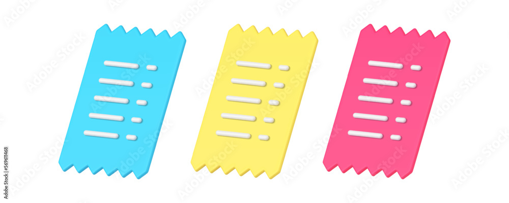 Poster receipt bill ragged invoice document for financial payment verification 3d icon set realistic vector