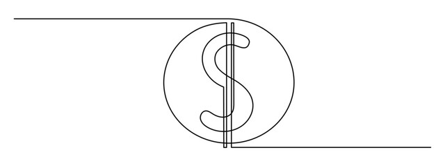 Dollar currency, one line art, continuous contour drawing,hand-drawn icon for business, minimalist design.Financial valuta sign,trendy template for web design,social media.Editable stroke.Vector