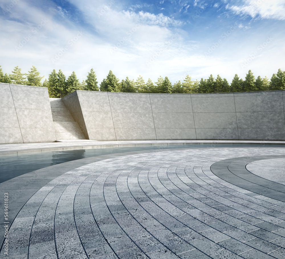 Poster empty curved concrete floor with water pool. 3d rendering of abstract space with blue sky background
