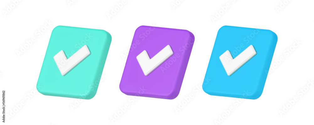Poster done check mark positive vote button accept solution success communication 3d icon set vector