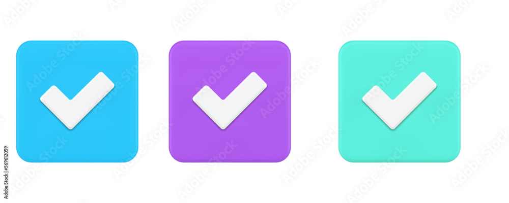 Poster check mark done accept square button positive solution correct confirmation 3d icon set vector