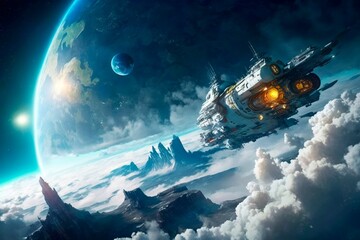 Naklejka na ściany i meble Epic Sci-fi space landscape. Futuristic spaceship flying in orbit of a planet with huge cumulus clouds. Dynamic fantasy scene. Generative AI illustration.