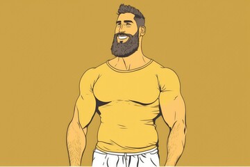 Man with a beard in a studio, smiling and looking away. Young man seeming content standing by himself against a studio backdrop. Man with a positive body image who feels at ease in his physical form