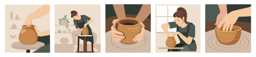 Set of posters for a pottery workshop, ceramics studio. Woman works with a potter's wheel, the process of creating ceramics in the workshop.