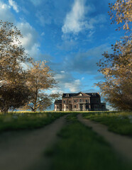Obraz premium Manor with lit window in countryside under blue cloudy sky. 3D render.