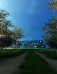 Obraz premium Manor with lit windows in countryside at dusk. 3D render.