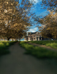 Obraz premium Manor with lit window in countryside under blue cloudy sky. 3D render.