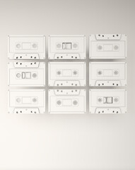 Abstract image of cassettes floating randomly in space. Retro minimalism from the 80s and 90s.