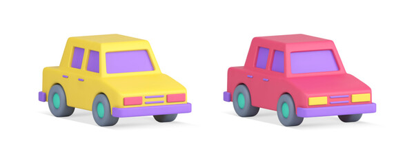 Auto car yellow pink city transportation passenger sedan automobile driving 3d icon set vector