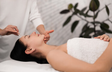 Obraz na płótnie Canvas Crop beautician doing gua sha massage to woman