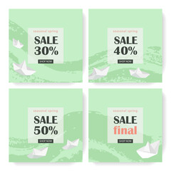 Set of editable square web templates for spring sale with paper boats. Modern minimalistic vector illustration in monochrome pastel green colors with graphical and abstract elements. Spring allegory.