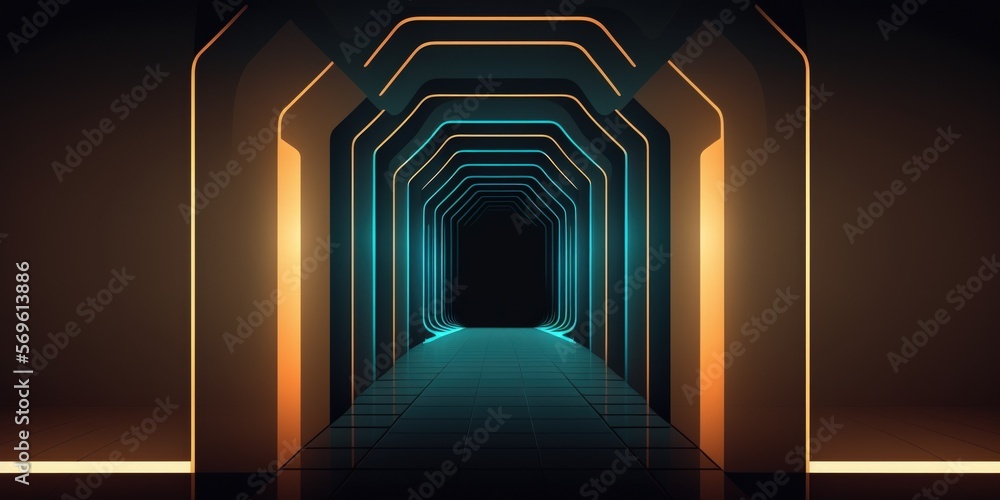 Aufkleber sci fi neon lights in a tunnel of darkness reflections in the walls and on the ground. the backgroun