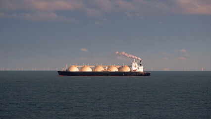 North sea, Europe - 02 02 2022: Liquified natural gas carrier at anchor off the German coast. LNG...