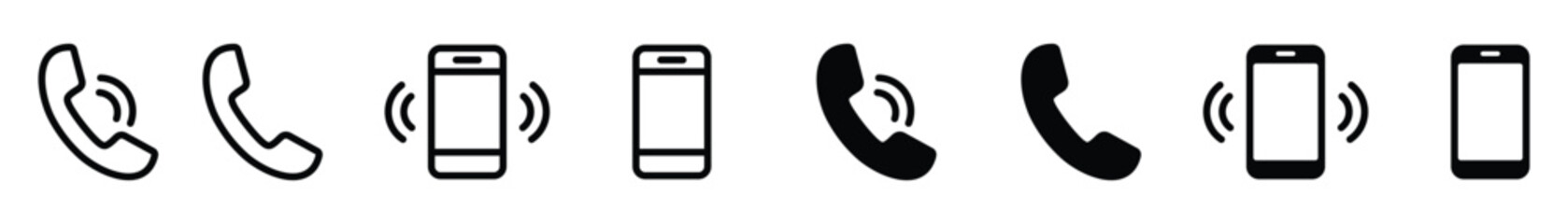 Ringing phone icon set. Telephone call sign. Smartphone ringing symbol. Vector illustration