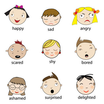 Collection of cartoon kids faces with different  facial emotions